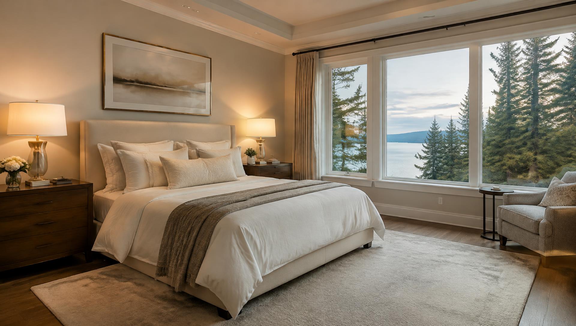 Serene primary bedroom with lake views