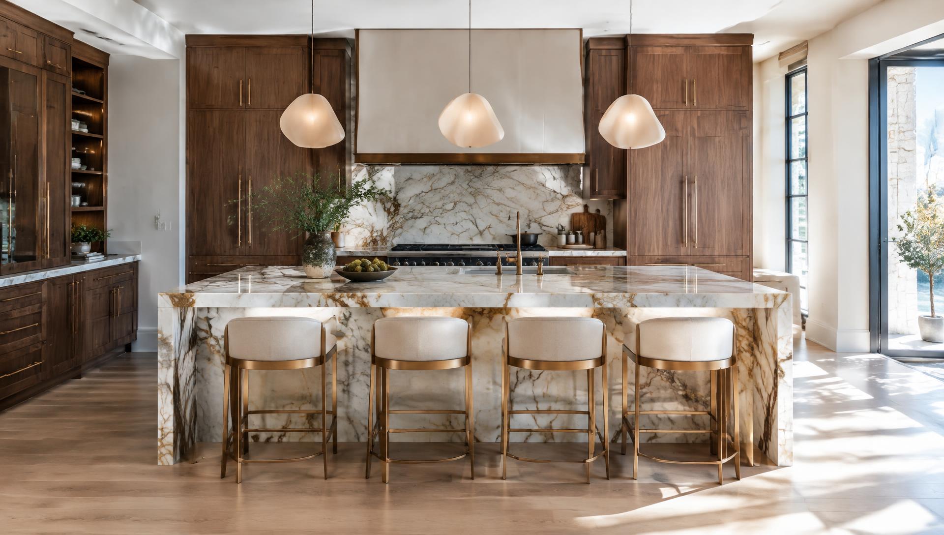 Designer kitchen with walnut cabinetry and stone island