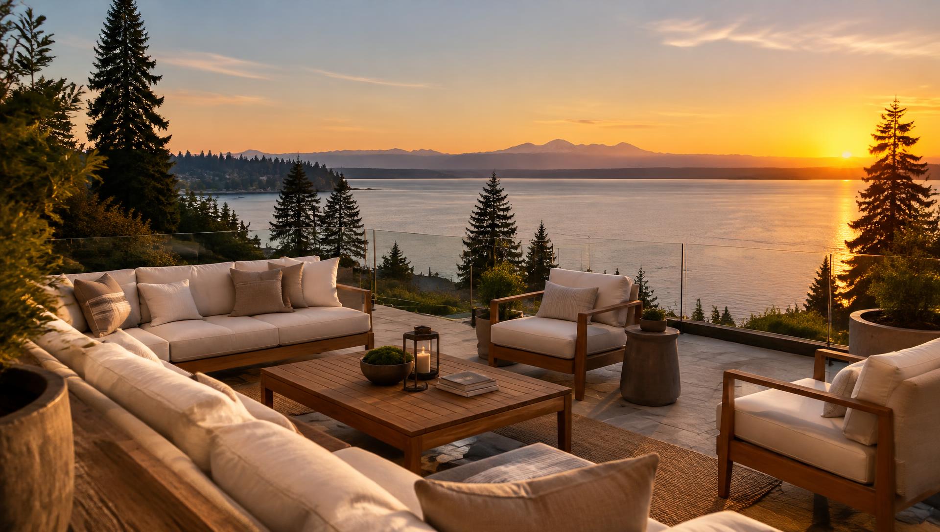 Lakefront terrace at golden hour overlooking Lake Washington
