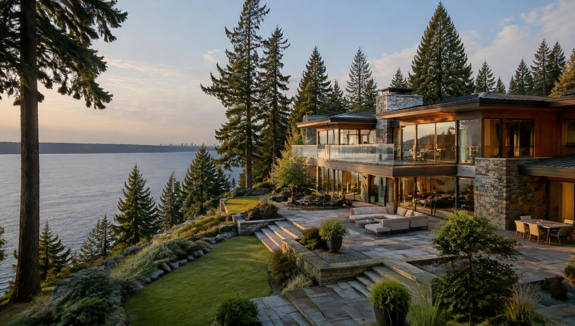 Bellevue waterfront home with natural stone, floor-to-ceiling windows, and Lake Washington views